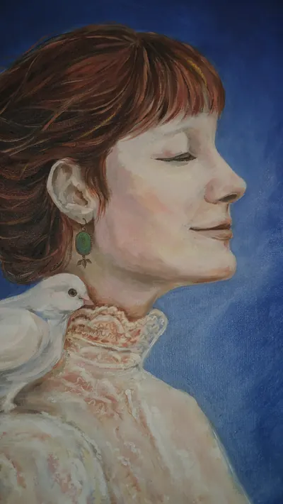 Pintura «Autorretrato com uma Pomba» de Olesia Shelkovenko — pormenor