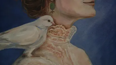 Pintura «Autorretrato com uma Pomba» de Olesia Shelkovenko — pormenor