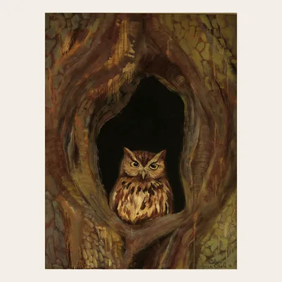 Owl in the hollow of an old tree — Keeper of Silence by Olesia Shelkovenko