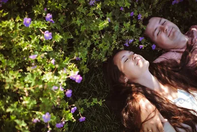 Vista de cima do casal deitado na relva entre flores lilás — Olesia Shelkovenko